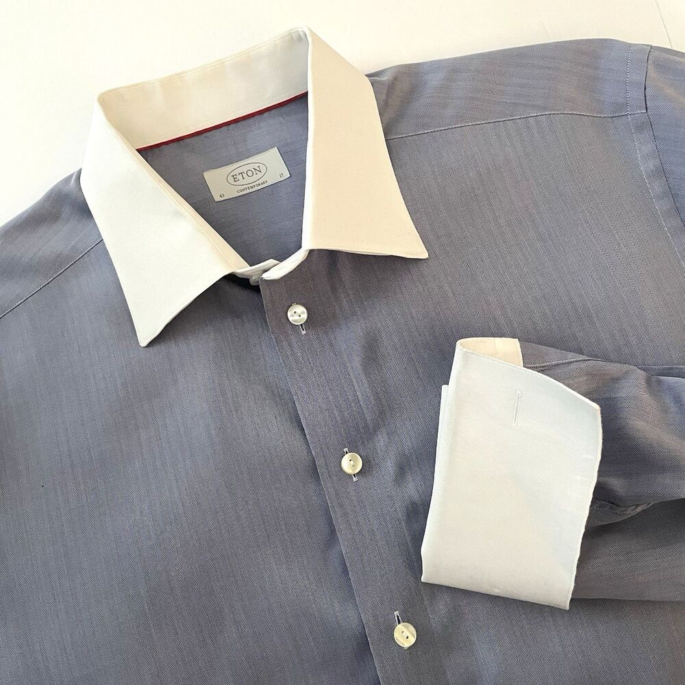 Eton Contemporary 17 43 Dress Shirt Blue w/White French Cuff Contrast Collar